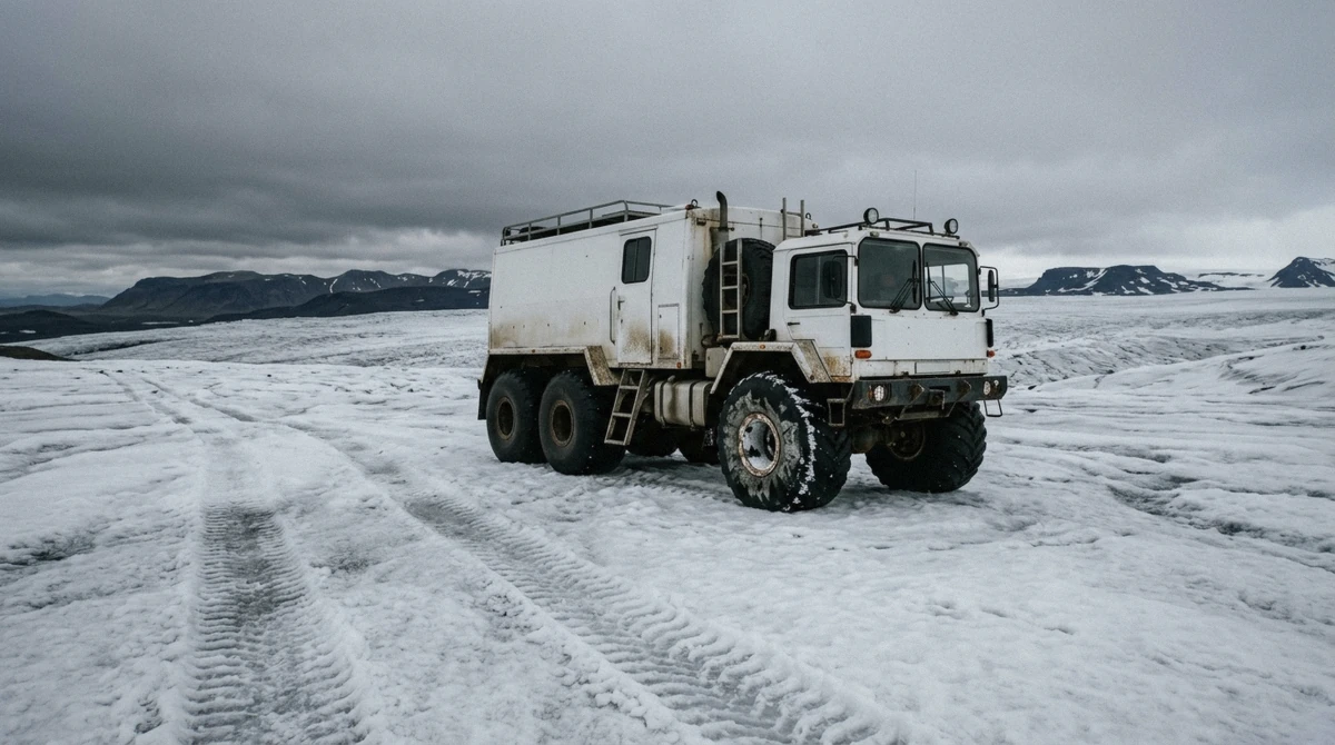 A modified glacier truck parked on the ice cap, the vehicle used on the Langjökull leg of an ice cave day trip from Reykjavík