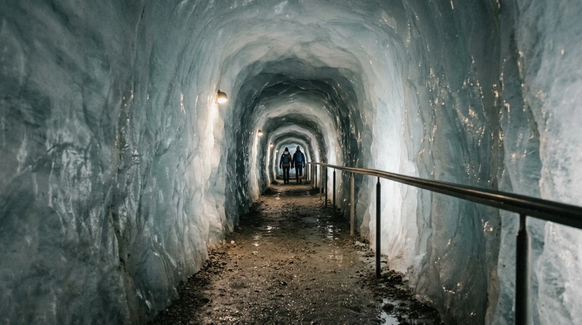 Lamplit corridor bored through Langjökull glacier, the man-made ice cave in Iceland that stays open all summer
