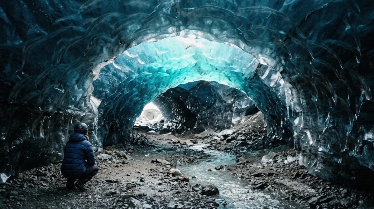 Sunlight glowing turquoise through a blue ice arch at Breiðamerkurjökull, the crystal ice cave side of the Katla vs crystal ice cave choice