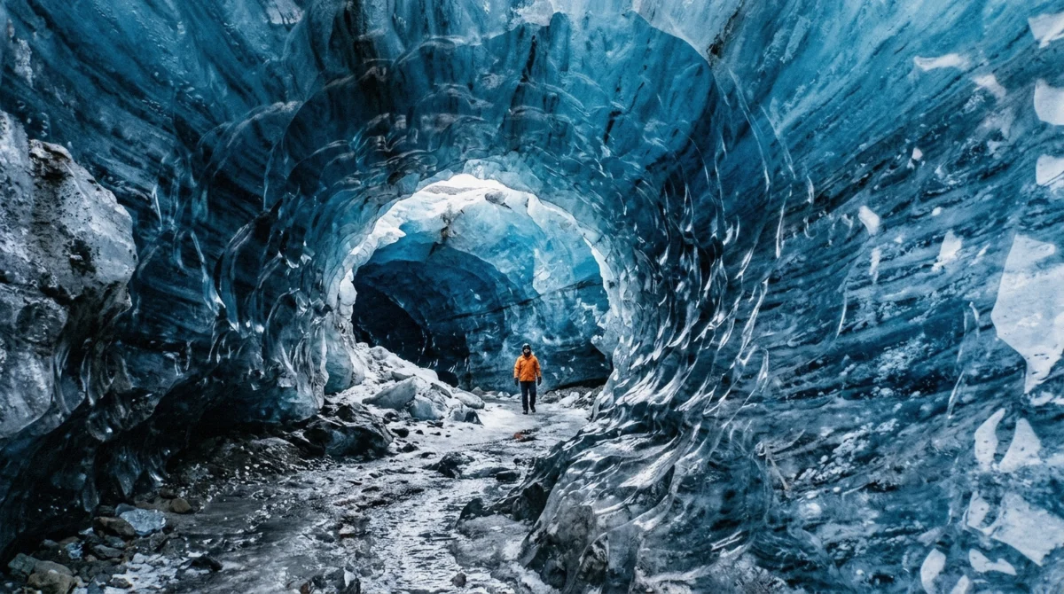 Blue glacier ice walls of the kind seen on a Langjökull ice tunnel tour from Reykjavík