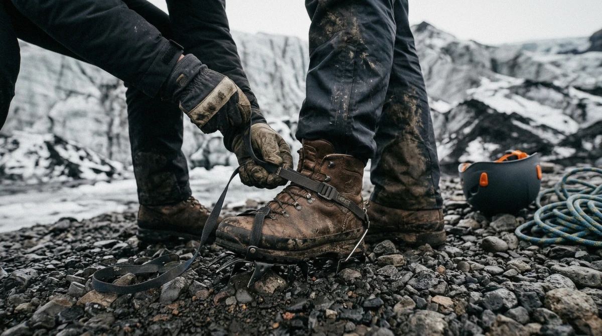 Crampons strapped over a hiking boot before a Skaftafell blue ice cave and glacier hike