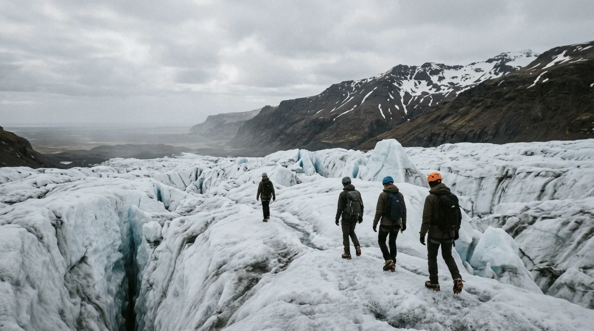 Walkers on the open ice of an Icelandic glacier, the surface above the Langjökull ice tunnel tour from Reykjavík