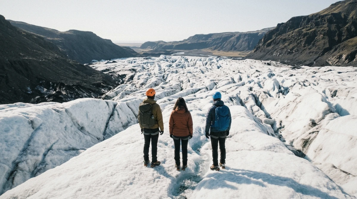 Three hikers in crampons above a crevasse field on Falljökull, weighing the glacier hike side of the glacier hike or ice cave tour Iceland decision