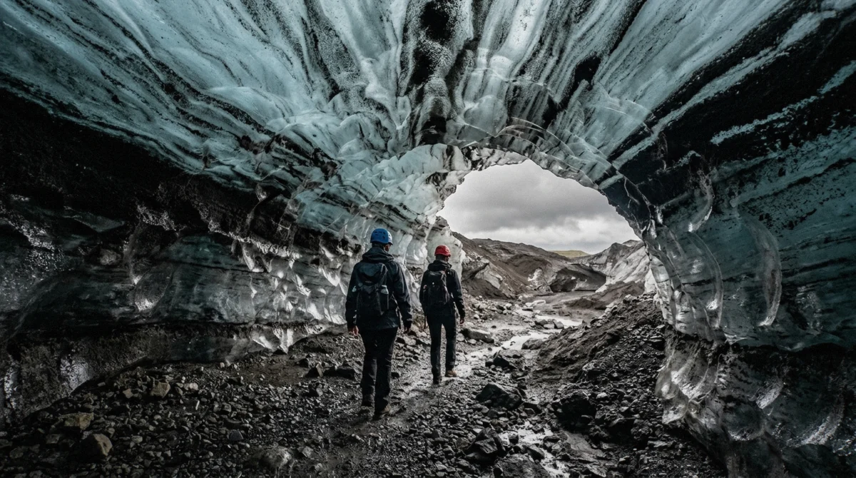 Ash-streaked blue ice inside the Katla cave visited on a south coast and Katla ice cave tour from Reykjavík