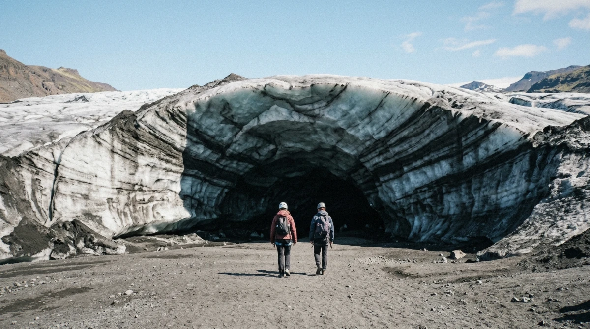 Two visitors in helmets walking toward the ash-banded mouth of the Katla cave under a clear July sky, one of the only ice caves in Iceland in summer