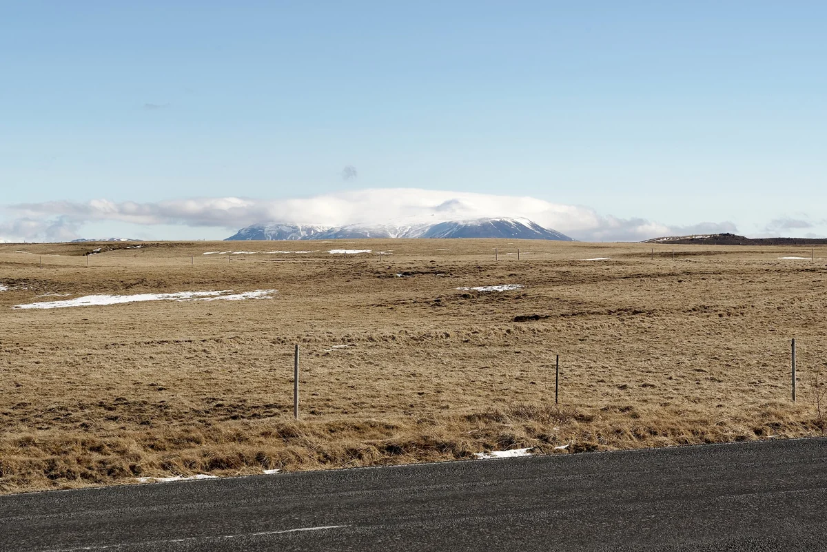 Langjökull ice cap seen from Road 35 in Bláskógabyggð, the Golden Circle side where Langjökull snowmobile tours from Gullfoss and Geysir begin